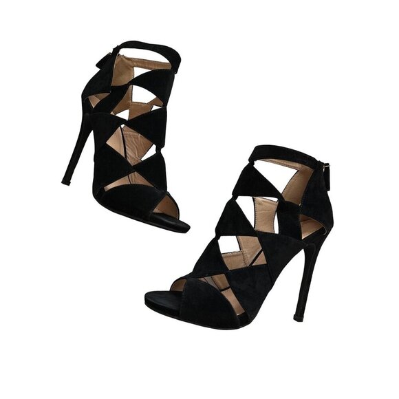 Liliana Black Velvet Heels Diamond Cutouts Open Toe Back Zipper Party Size 8.5 - Picture 4 of 13